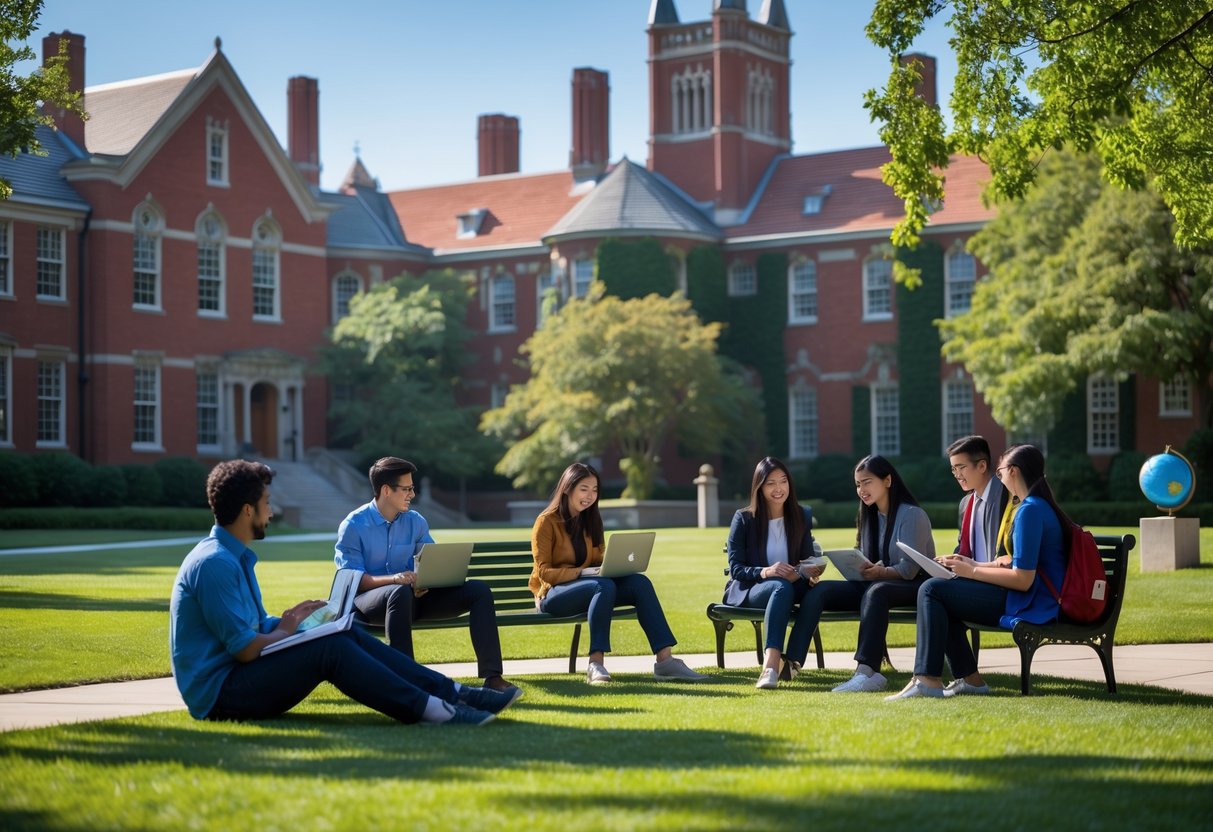 Diverse international students studying and talking on a university campus with red brick buildings and green lawns.