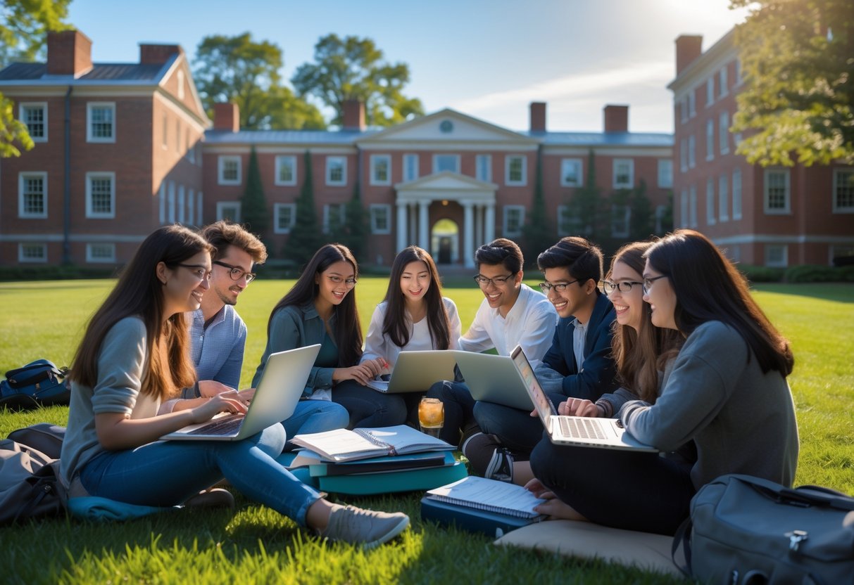 A group of young adults studying together outdoors on a university campus with classic brick buildings and greenery in the background.