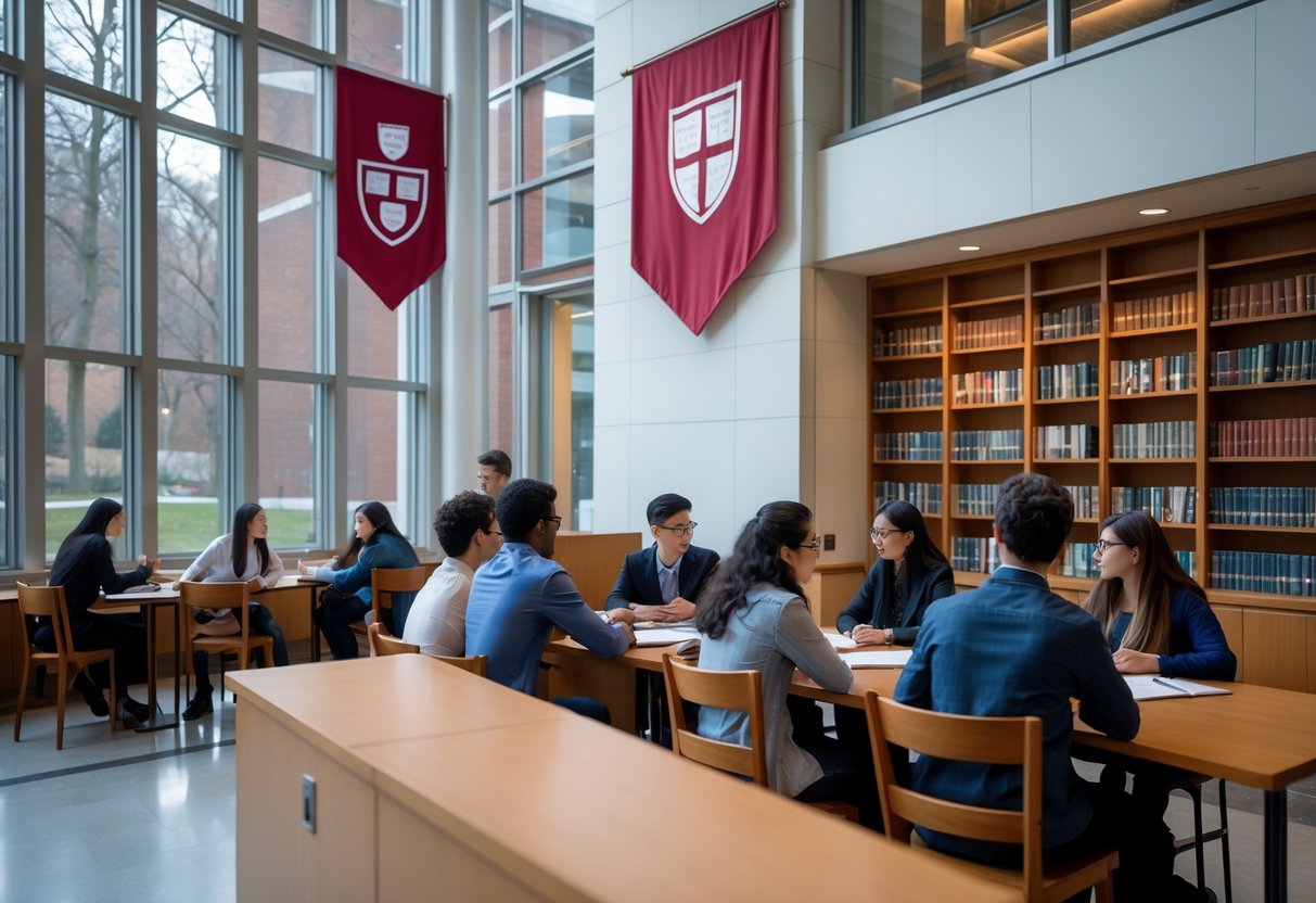 45 Fully Funded Scholarships at Harvard University 2026 41 A group of diverse young scholars studying and discussing together inside a bright university building with bookshelves and large windows.