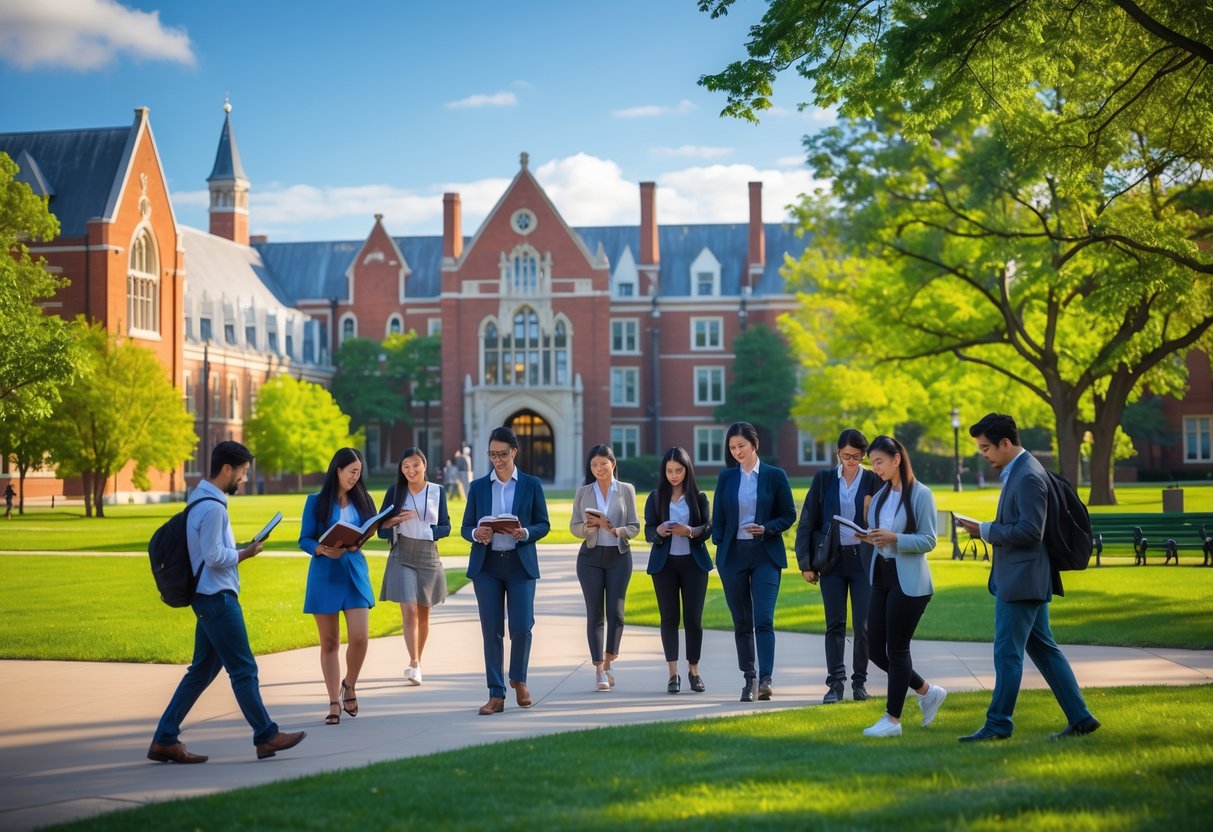 Students walking and studying on a university campus with historic buildings and green lawns on a sunny day.