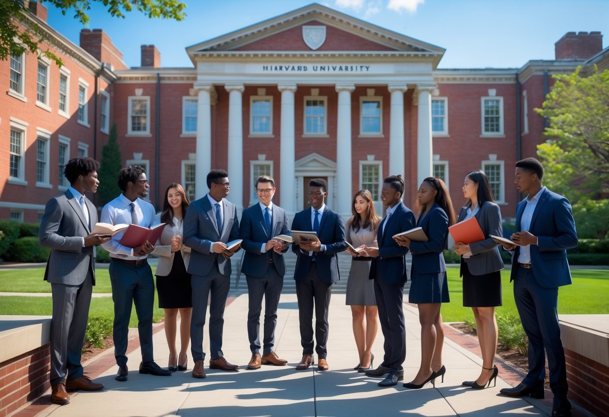 45 Fully Funded Scholarships at Harvard University 2026 42 A group of diverse young scholars talking and studying outside a historic university building on a sunny day.