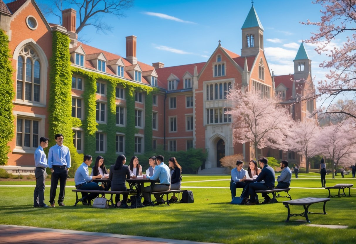A group of graduate students studying and talking on a green lawn in front of historic university buildings with ivy and trees on a sunny day.