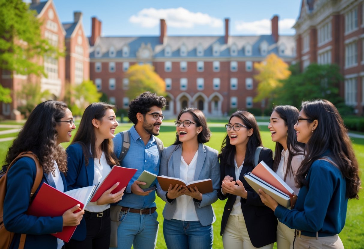 45 Fully Funded Scholarships at Harvard University 2026 43 A diverse group of university students studying and talking outside on a university campus with historic buildings and green lawns in the background.