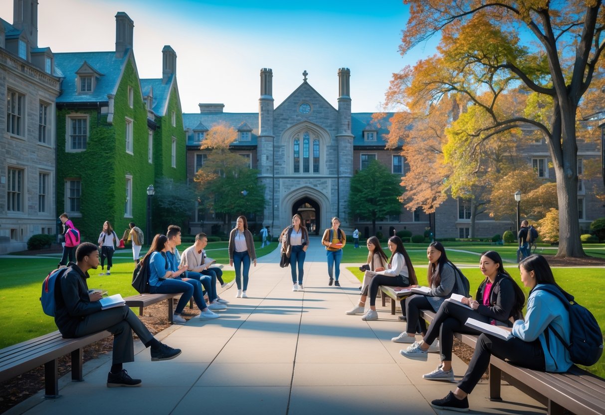 Students walking and studying on the Princeton University campus with historic buildings and green lawns in the background.