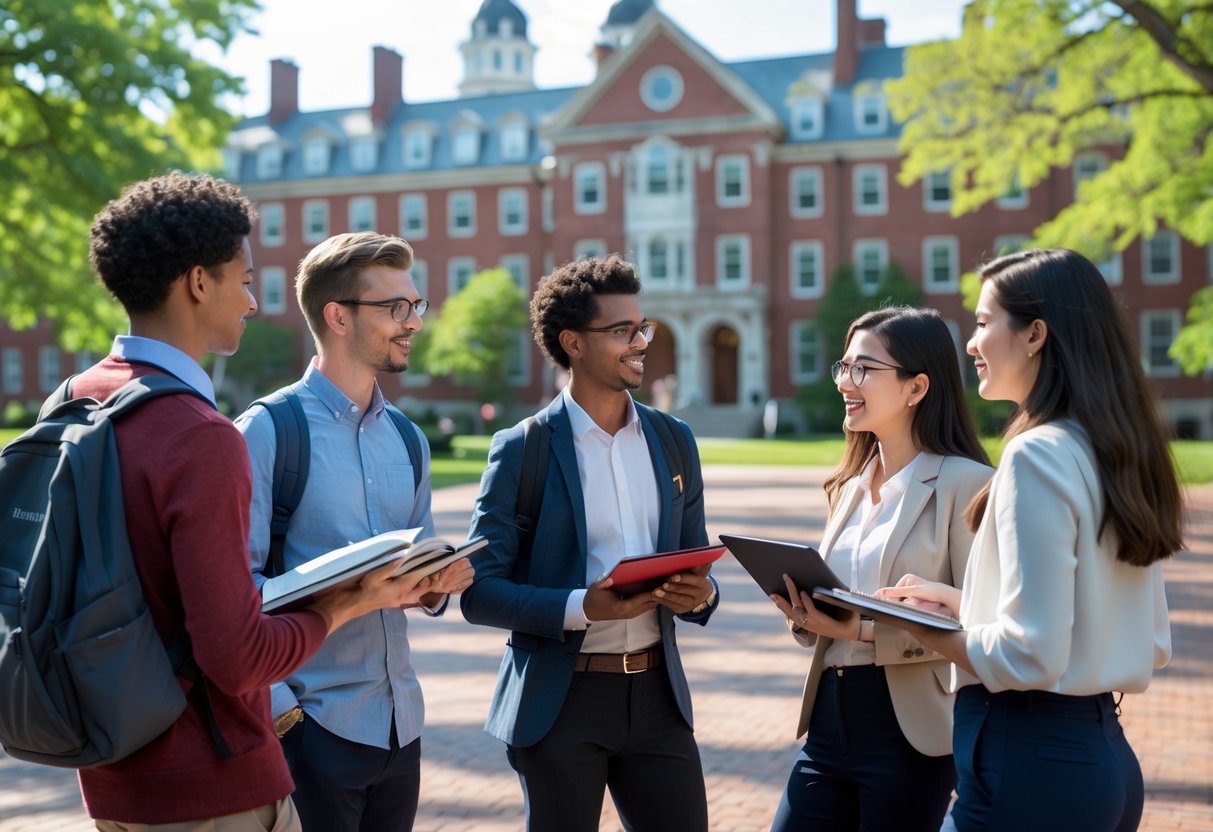 45 Fully Funded Scholarships at Harvard University 2026 44 A group of diverse students talking and studying outdoors on the Harvard University campus with historic buildings and trees in the background.