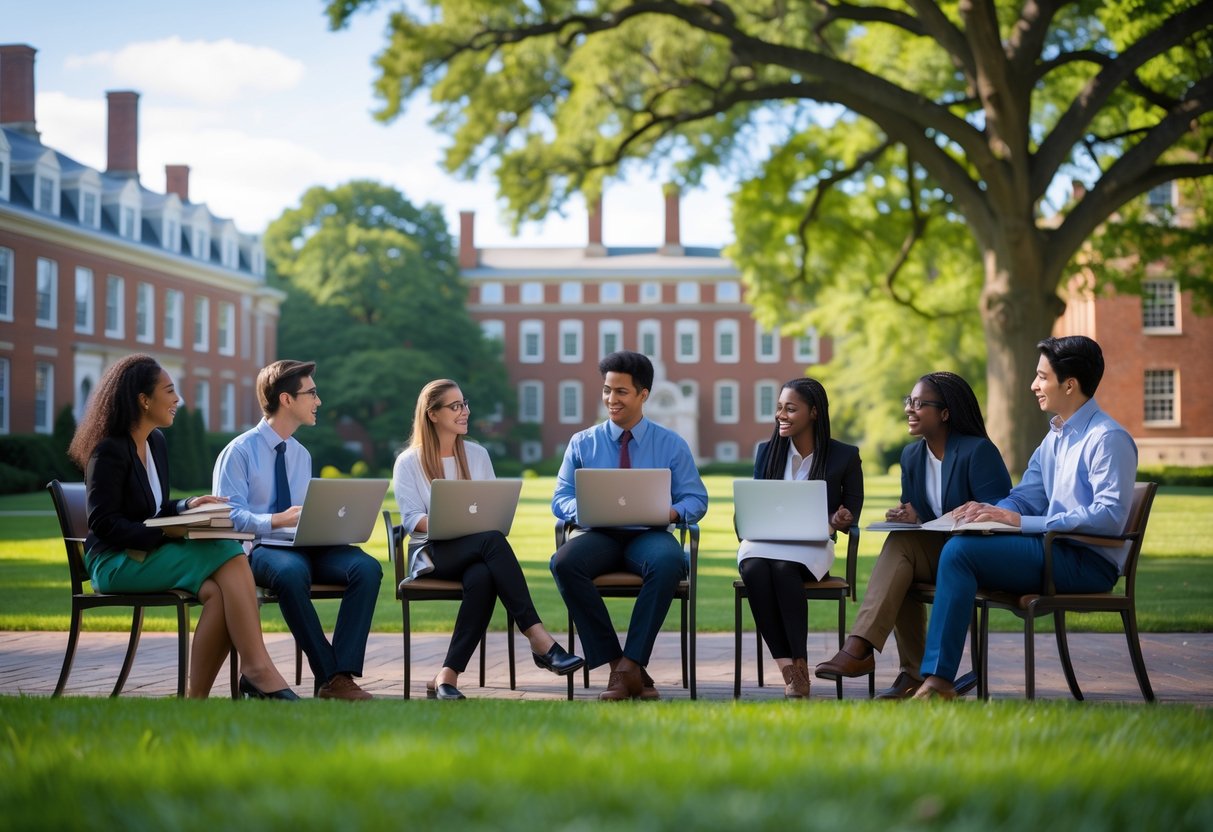 A group of graduate students discussing together outdoors on a university campus with red brick buildings and green lawns.