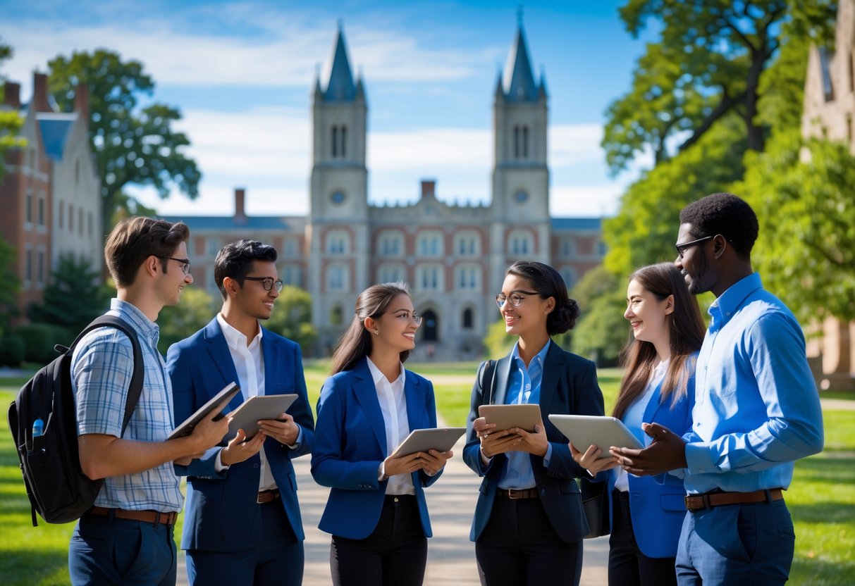 A group of graduate students discussing together on the Princeton University campus with historic buildings and greenery in the background.