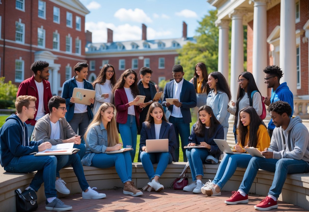 45 Fully Funded Scholarships at Harvard University 2026 46 A group of diverse young adults working together outdoors on Harvard University campus with historic buildings in the background.