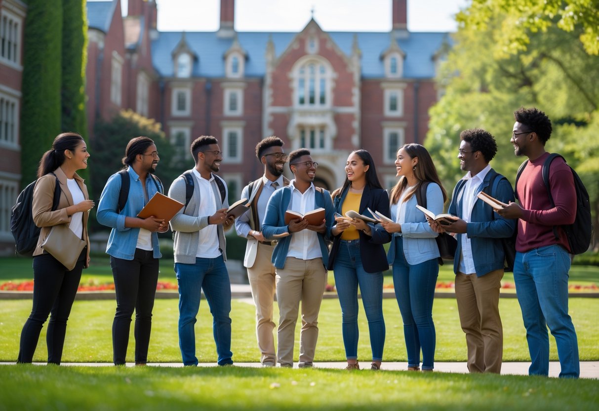 A group of diverse university students talking and studying together outside on a sunny day at a university campus with classic brick buildings in the background.