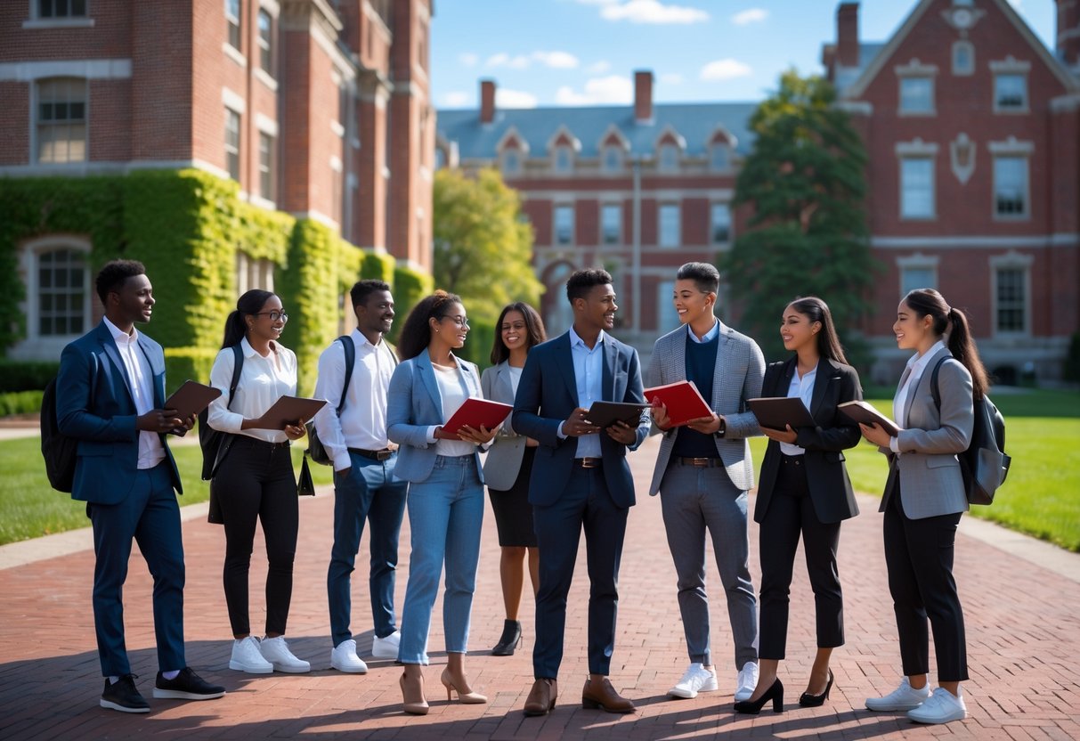 45 Fully Funded Scholarships at Harvard University 2026 47 A diverse group of university students talking and studying together outside on a university campus with red brick buildings in the background.