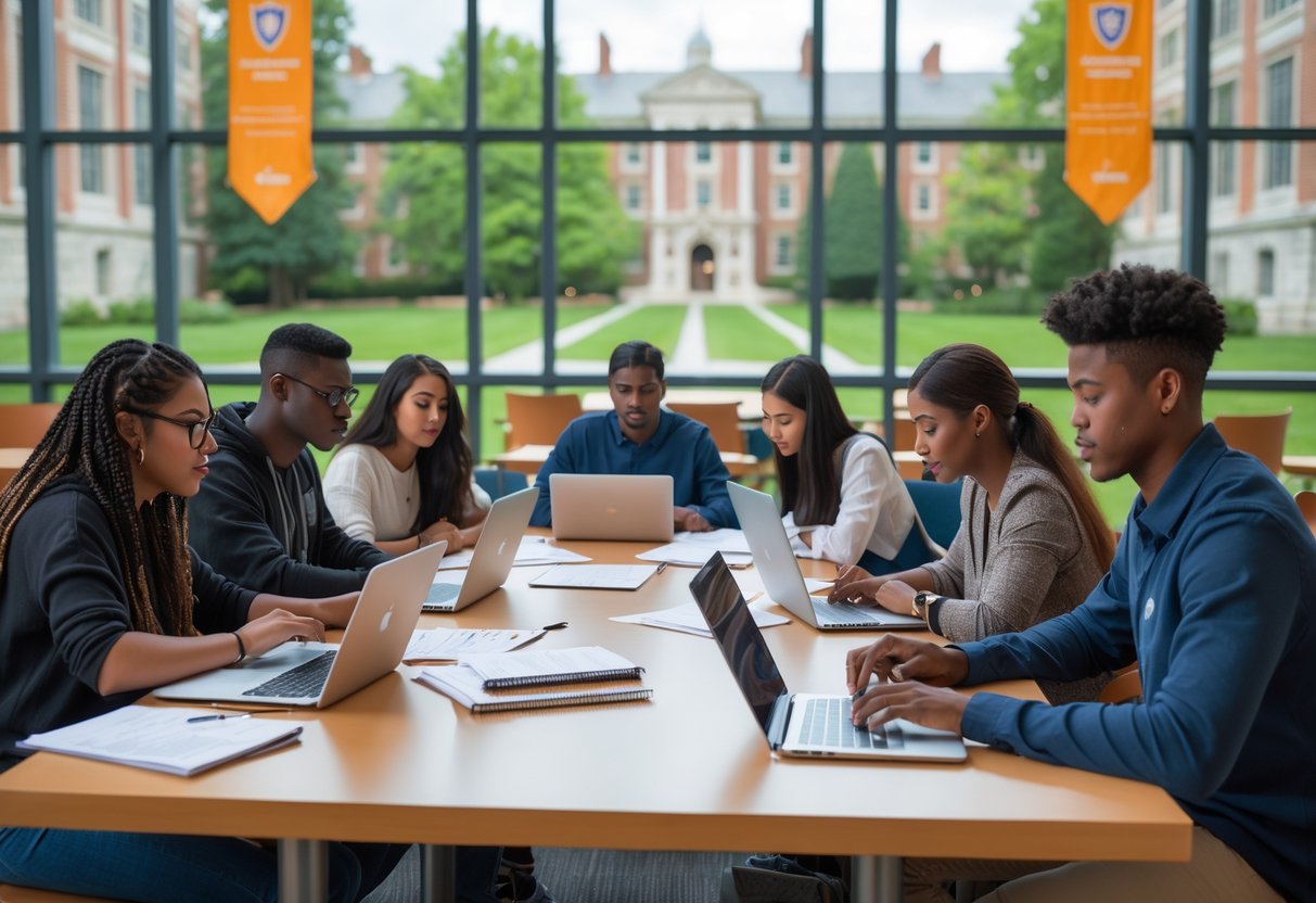 A group of diverse students working together at a study table with laptops and papers in a bright university library.