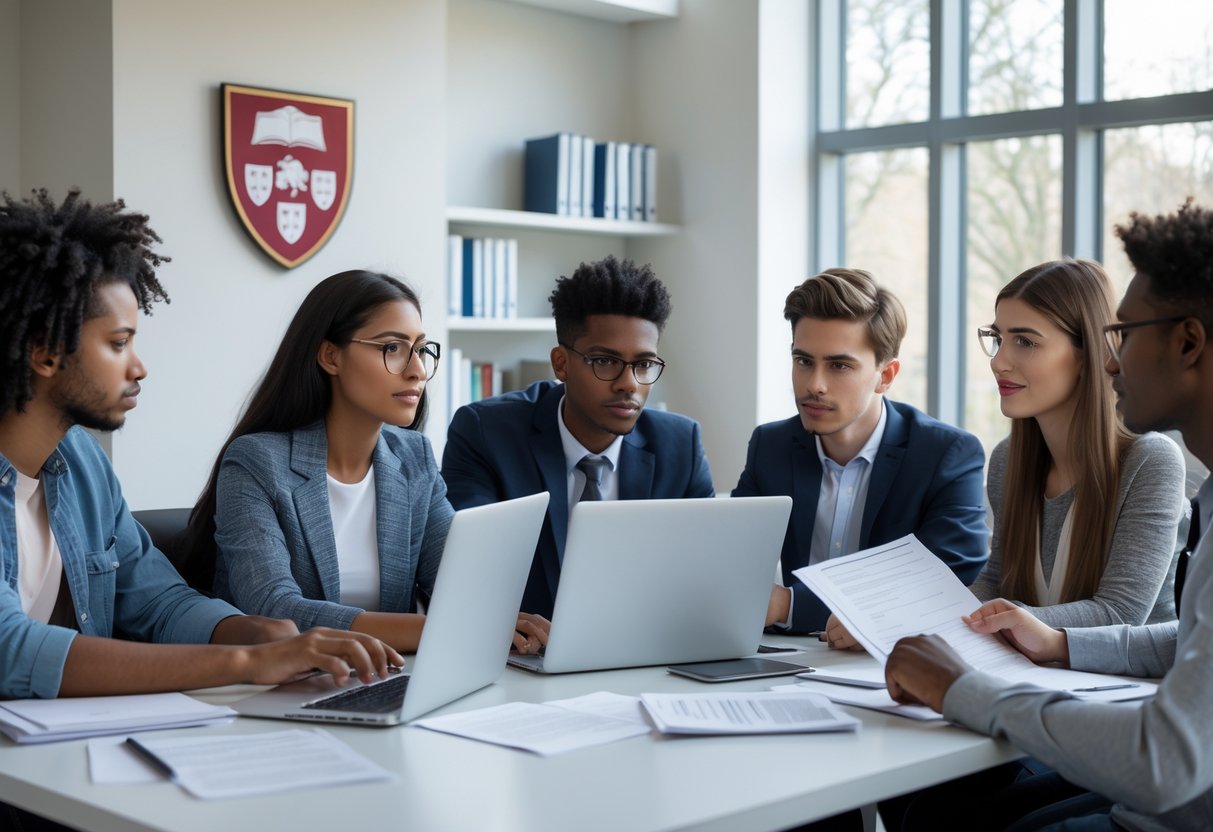 45 Fully Funded Scholarships at Harvard University 2026 48 A diverse group of young adults working together at a table with laptops and documents in a bright university office.