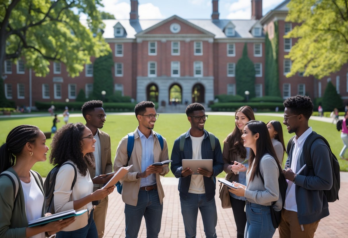 A diverse group of college students studying and talking together outside on a university campus with classic brick buildings and green lawns in the background.