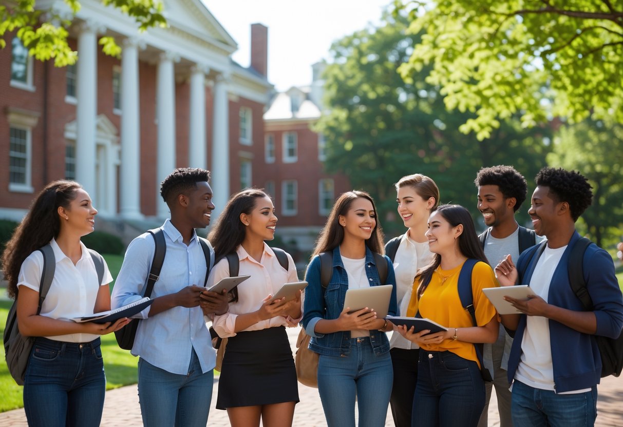 45 Fully Funded Scholarships at Harvard University 2026 49 A diverse group of university students talking outdoors on a sunny day with Harvard University buildings in the background.