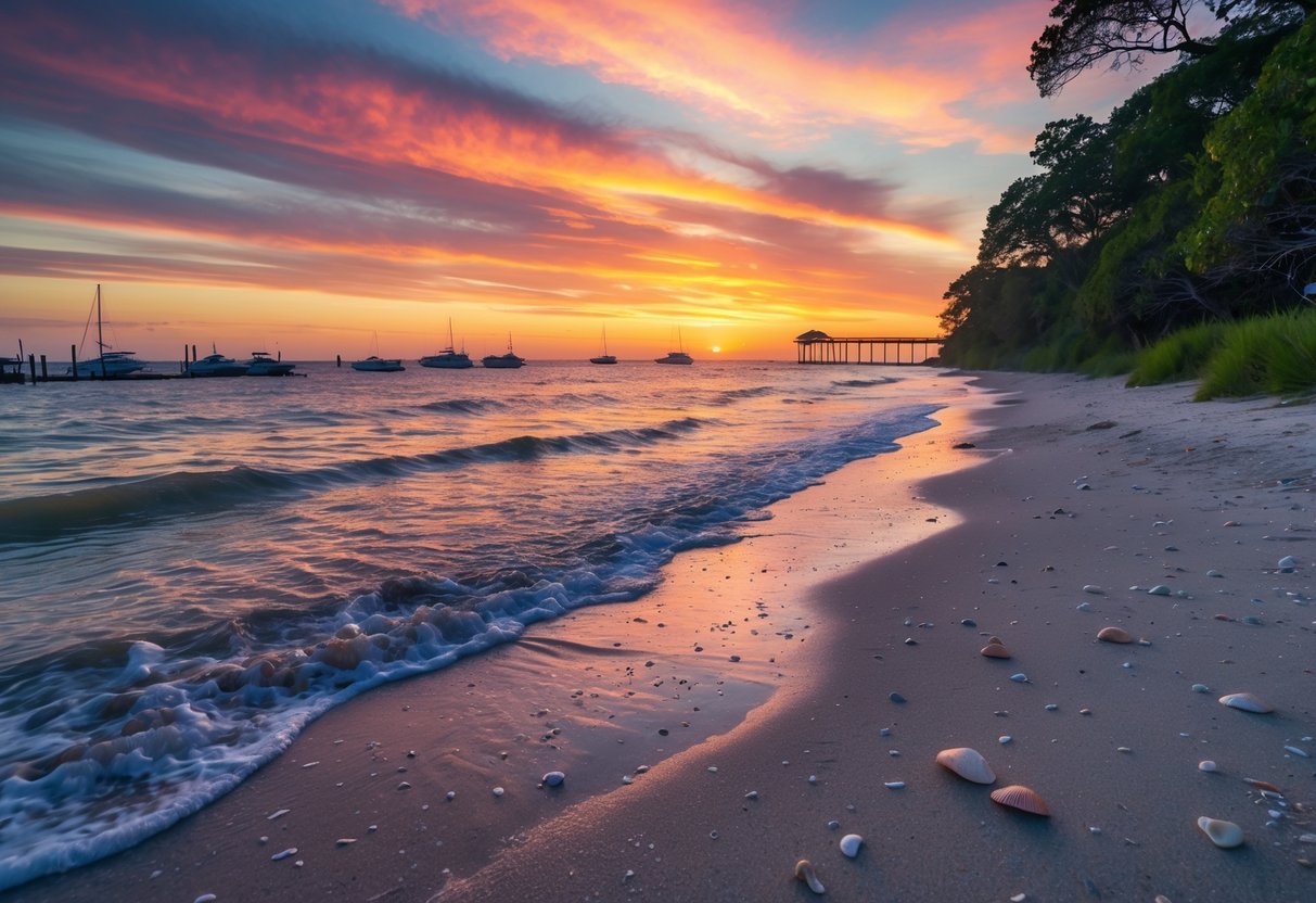Sunset over calm waters with a sandy shoreline, boats in the distance, and a wooden pier extending into the water.