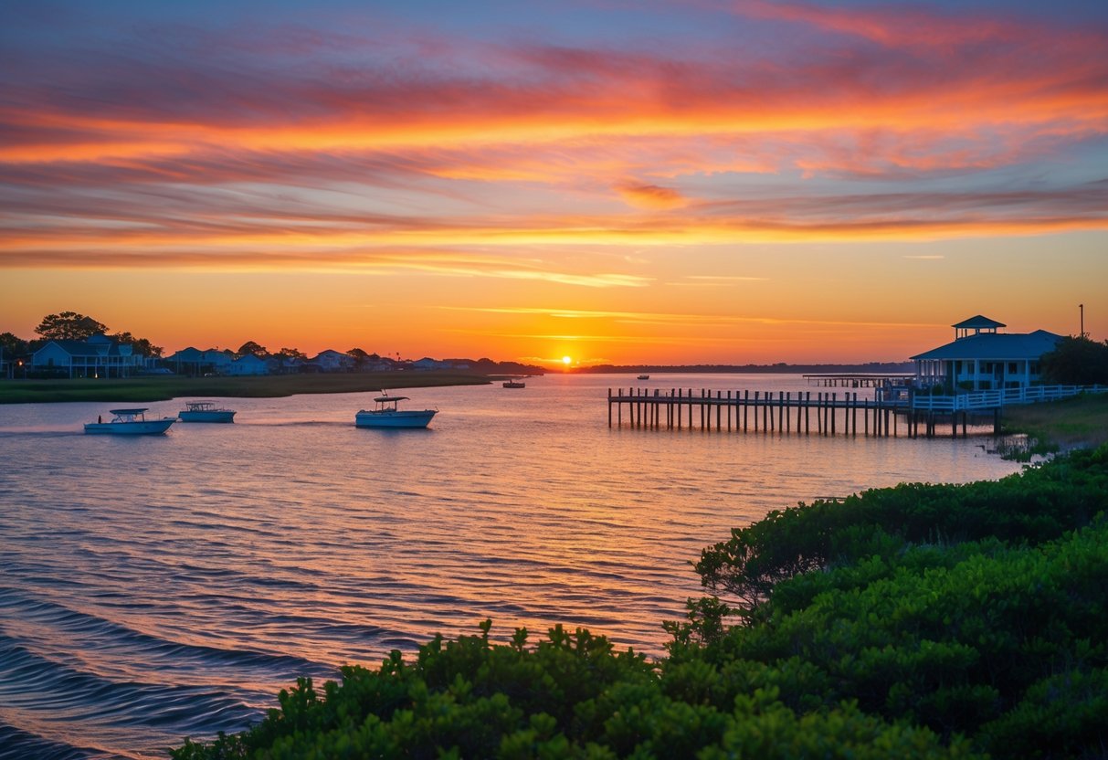 Sunset over calm waters with boats, piers, and coastal vegetation along the shoreline.