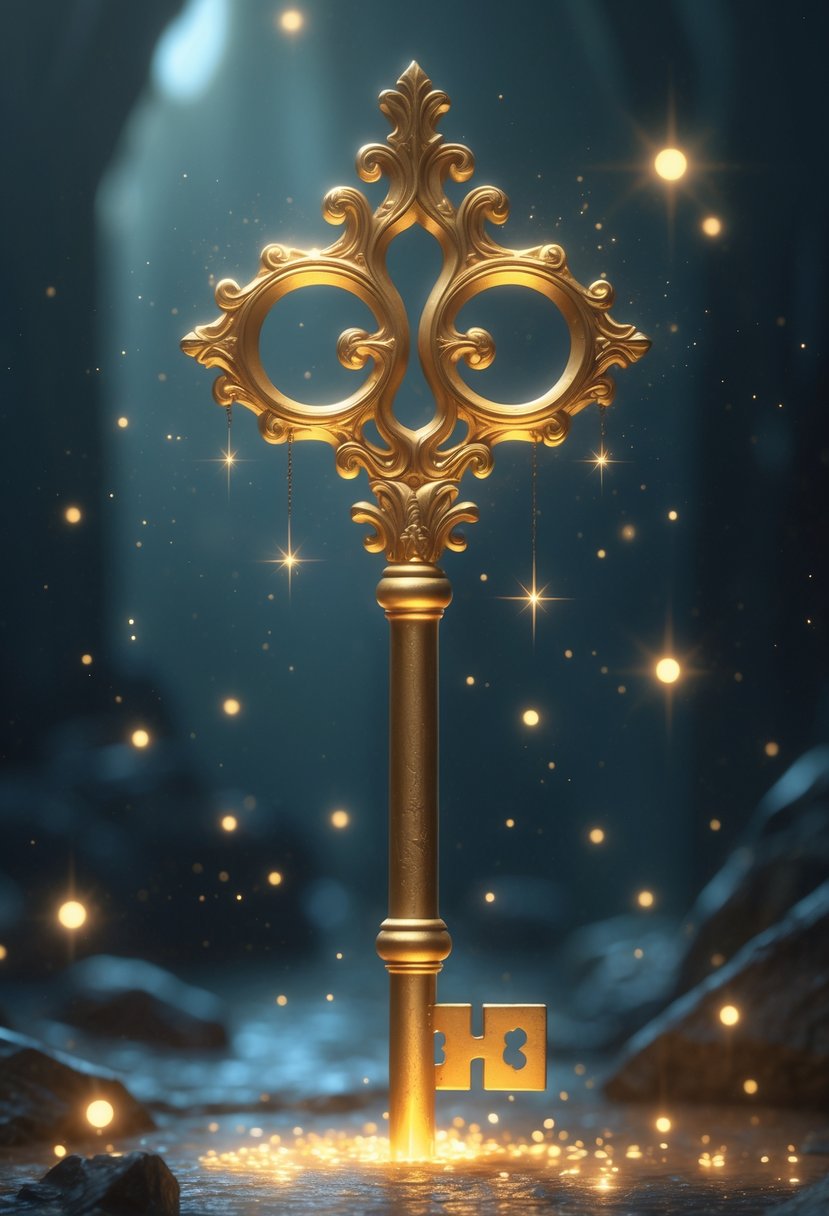 Uma chave dourada ornamentada brilhando suavemente, cercada por partículas de luz e símbolos místicos em um fundo escuro e desfocado.