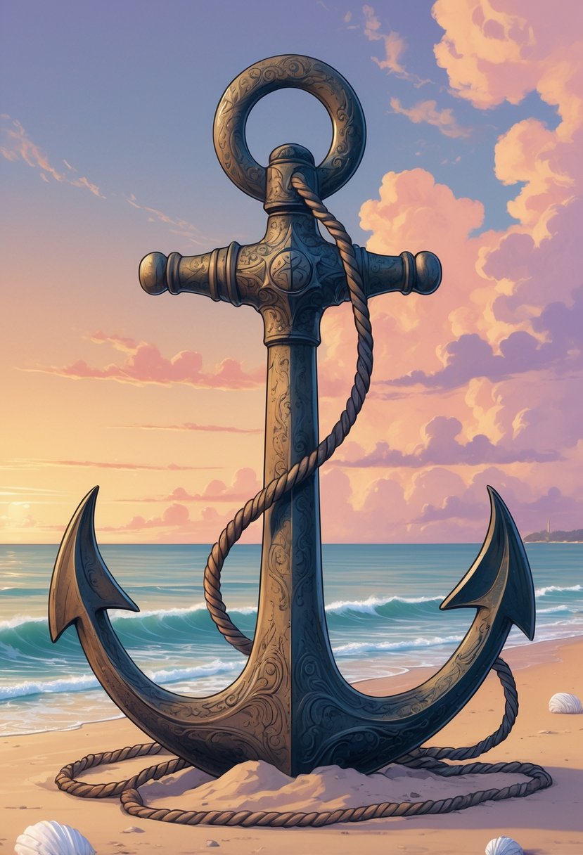 Uma âncora grande e detalhada repousa na areia da praia, com ondas suaves e conchas ao redor, sob um céu ao pôr do sol.