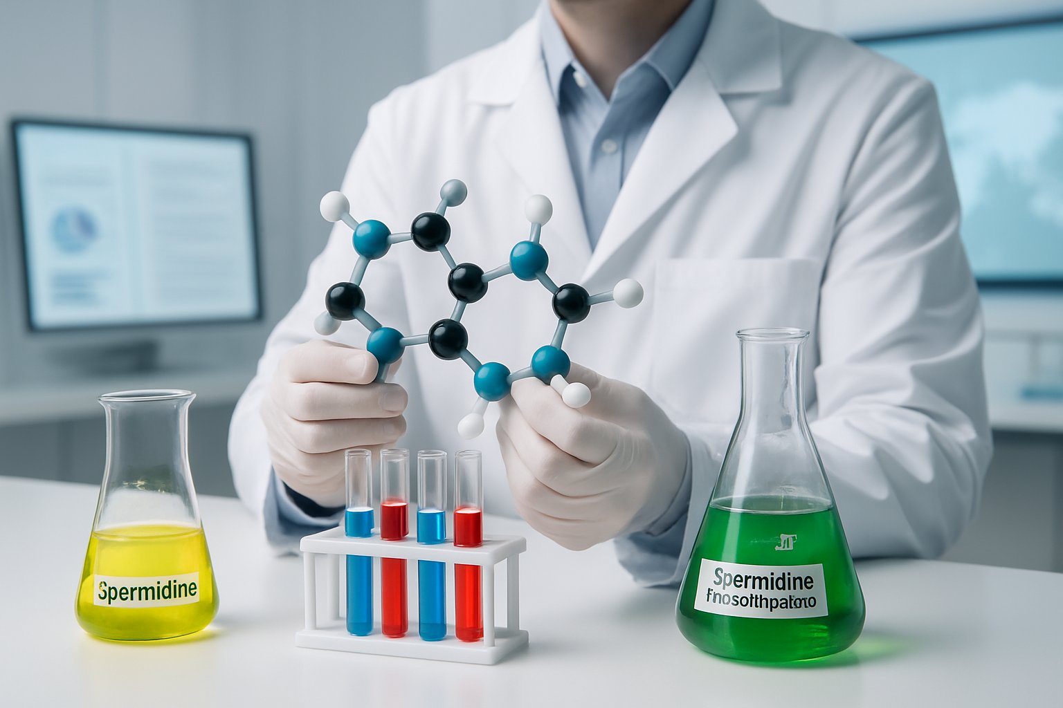 Scientist in a lab coat examining molecular model with lab equipment and a global map in the background.