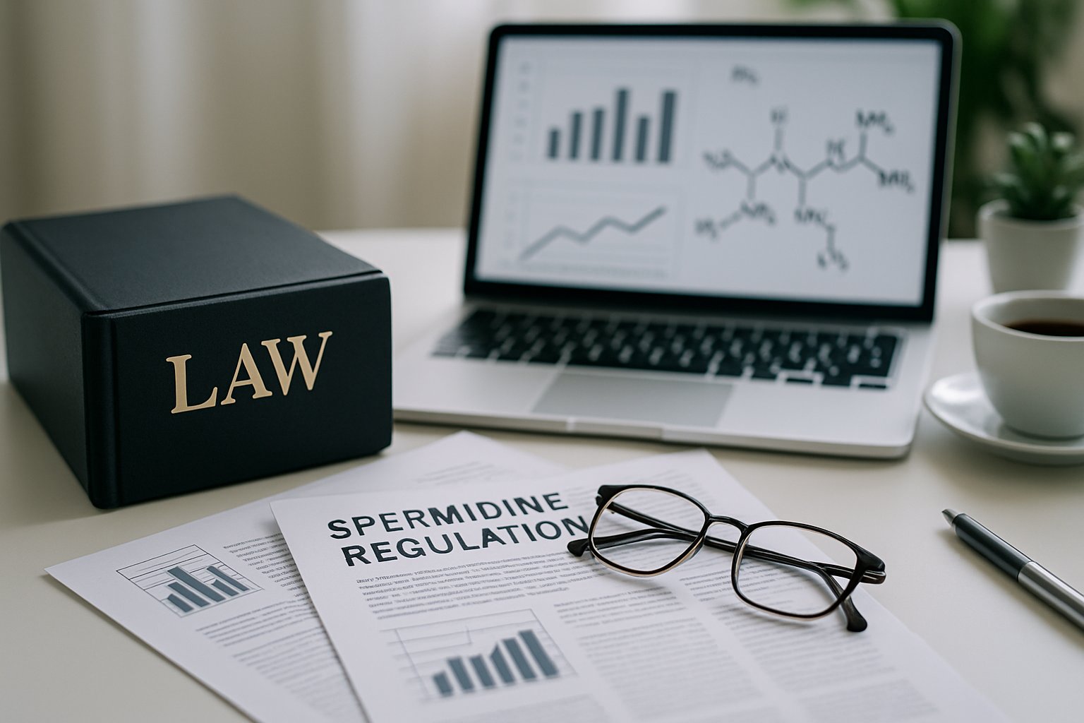 A desk with law books, scientific papers, reading glasses, and a laptop showing molecular charts, set in an office environment.