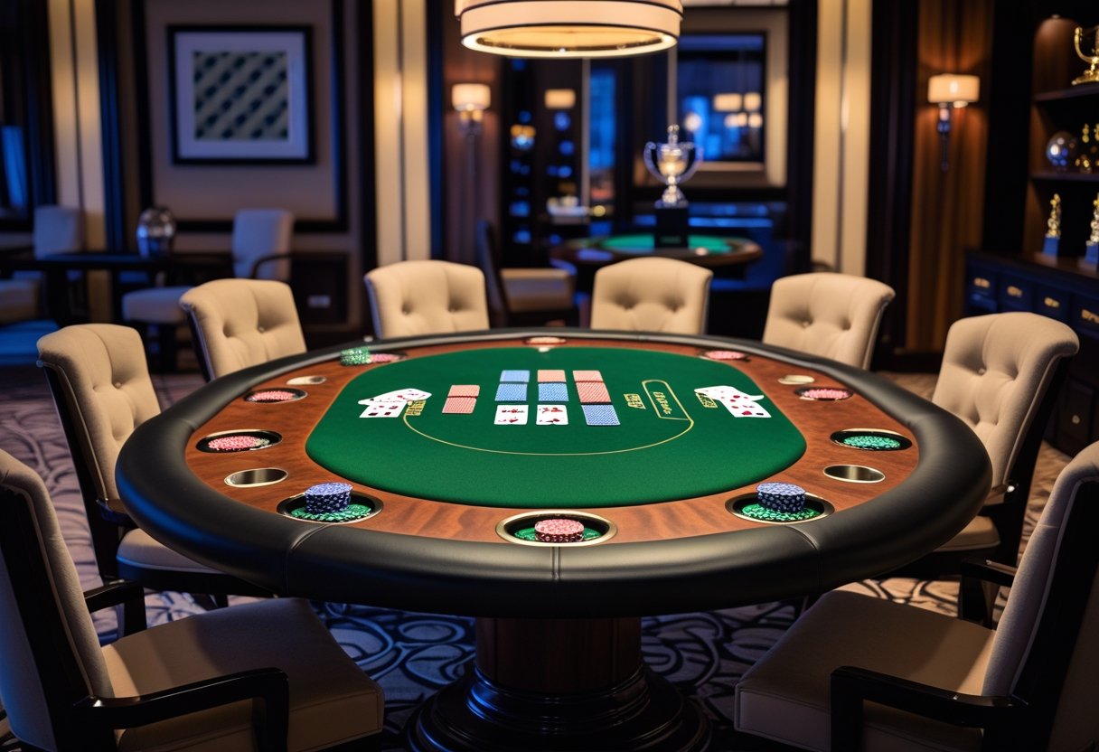 A poker table set up for a home game with poker chips, cards, and chairs in a well-decorated room.
