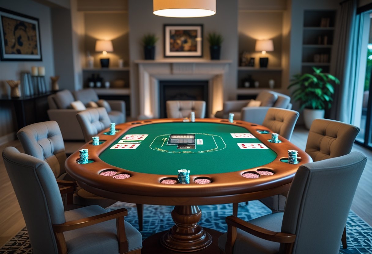 A poker table set up with chips and cards in a cozy home room with chairs around it.