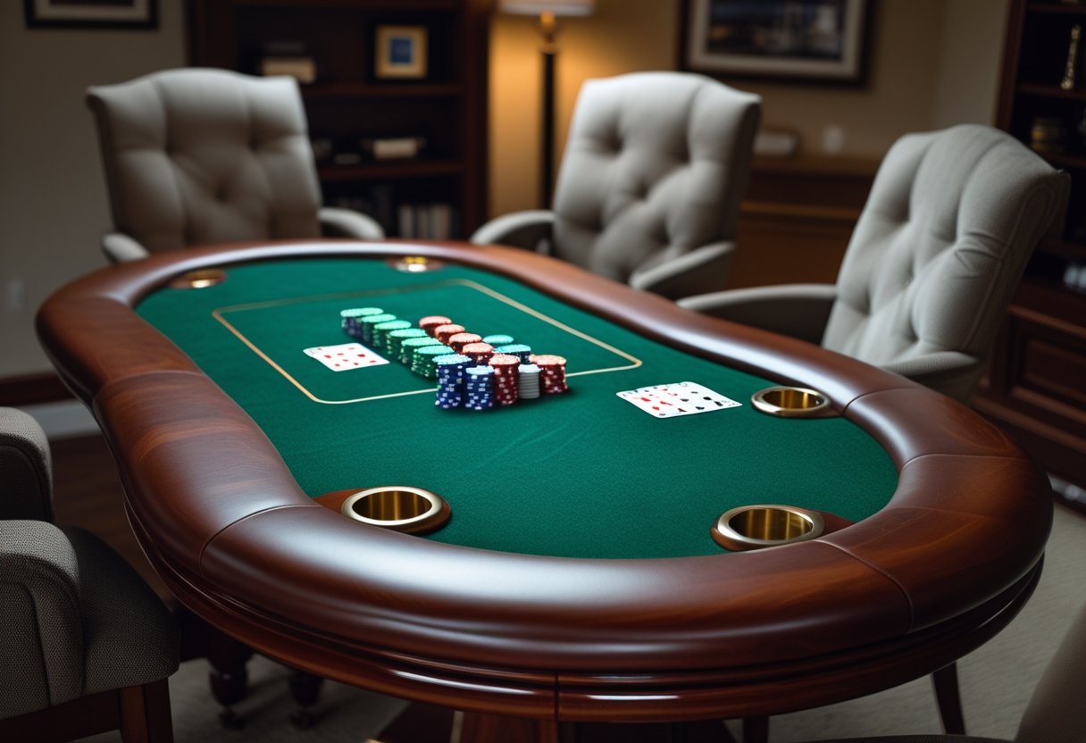 A poker table with green felt, poker chips, cards, and chairs in a cozy home game room.