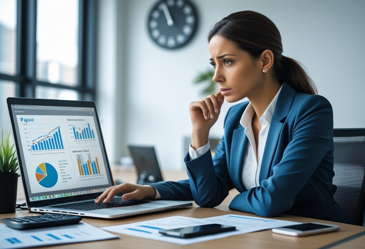 A businesswoman sitting at a desk in an office, looking thoughtfully at a laptop with financial charts, surrounded by documents and a clock on the wall.