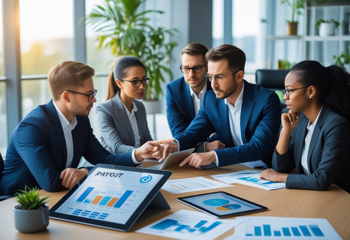 Business professionals in an office reviewing financial documents and digital devices, discussing payout delays.