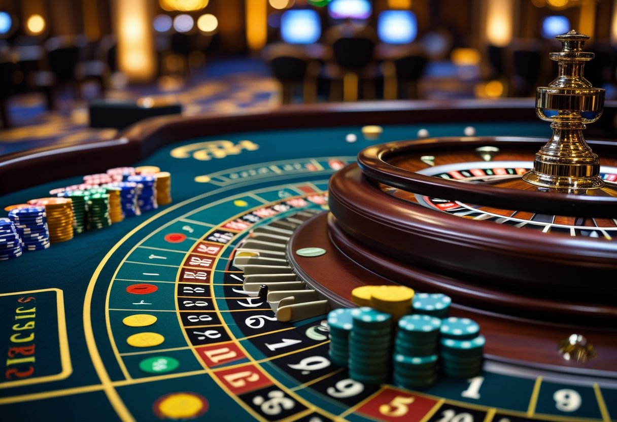 Close-up of a roulette wheel with chips placed on the betting layout in a casino.