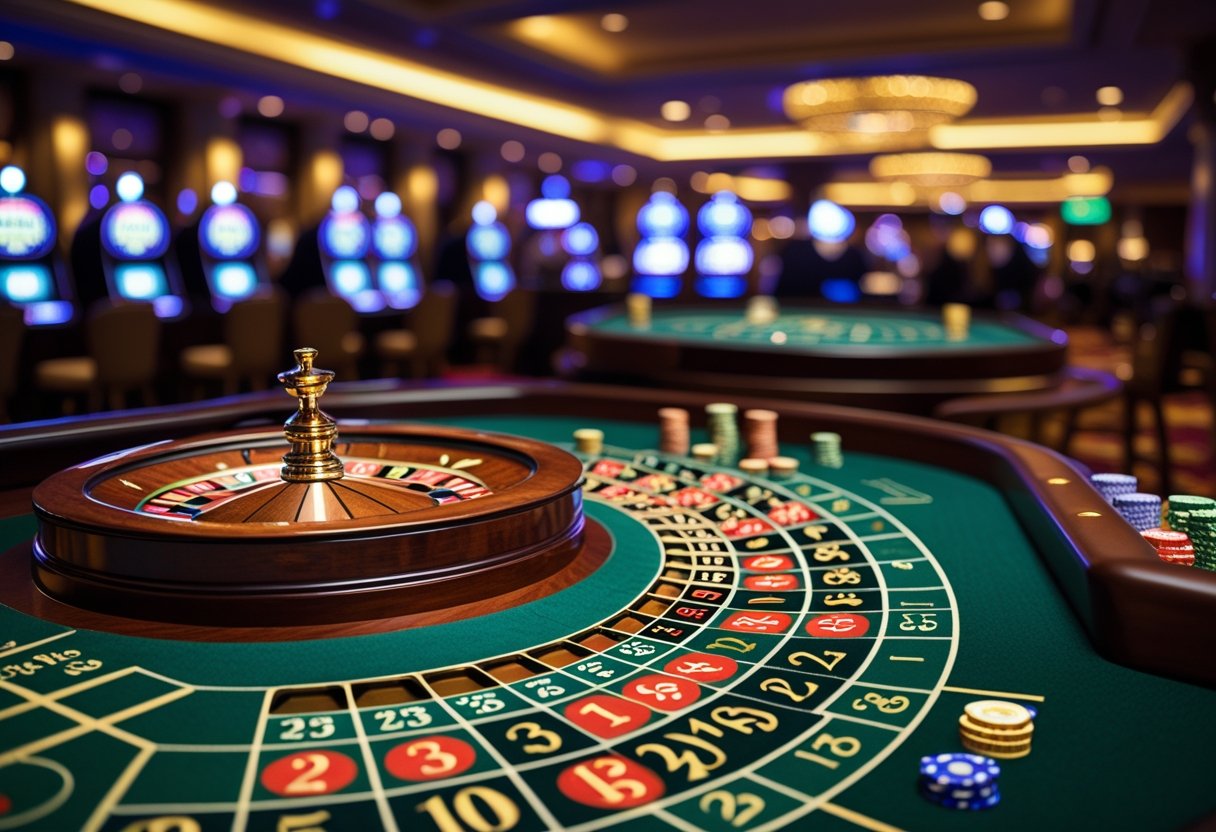 Close-up of a roulette wheel spinning with betting chips on the table in a casino.
