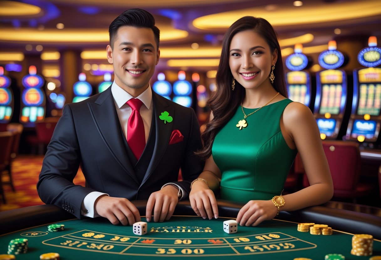 A man and woman dressed smartly at a blackjack table in a casino, smiling and holding lucky dice, surrounded by slot machines and colorful chips.