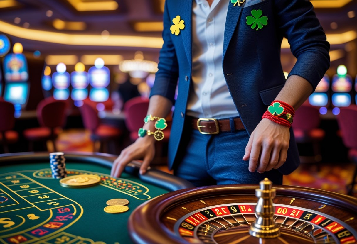 A person wearing lucky charms stands confidently near a roulette table in a lively casino environment.