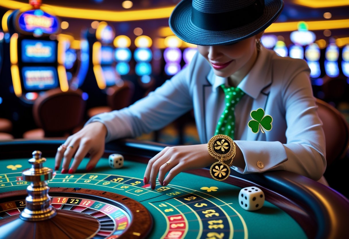 A person wearing a lucky charm bracelet and hat playing roulette at a casino table surrounded by slot machines and other players.