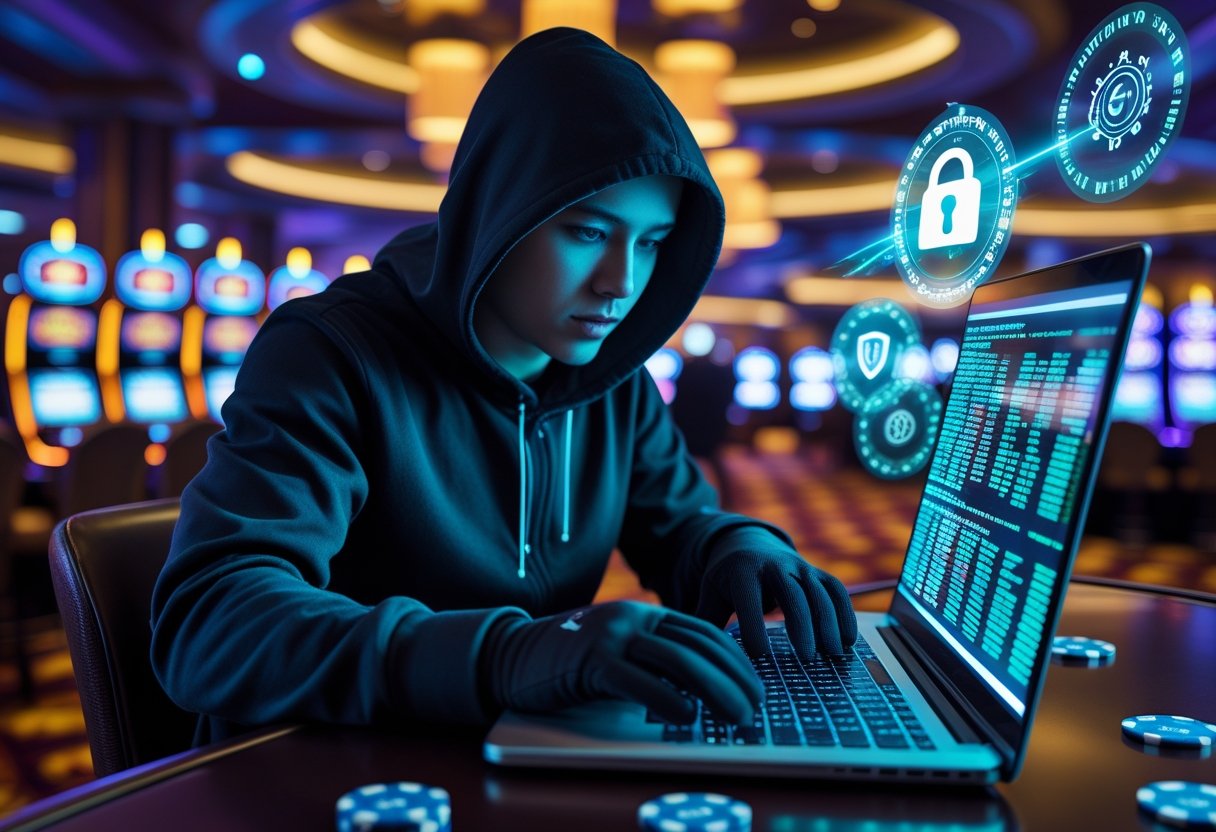 A person in a hoodie using a laptop in a casino with slot machines and gaming tables in the background.