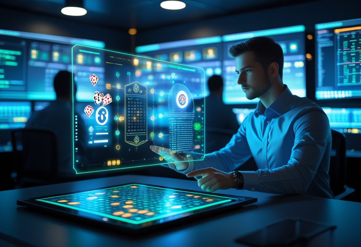 A cybersecurity expert working with multiple computer screens displaying digital data and casino-related icons in a high-tech control room.