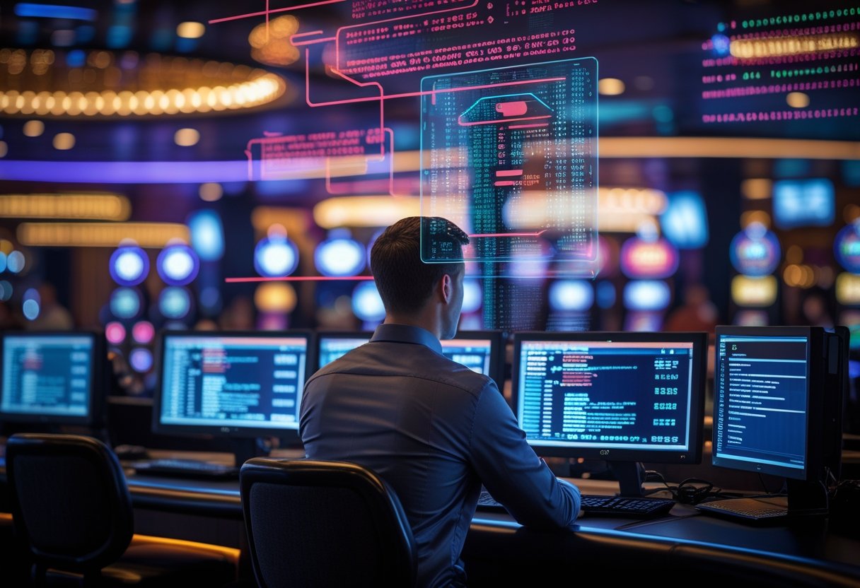 An IT security professional monitors multiple screens showing cybersecurity alerts in a casino with slot machines and gaming tables.