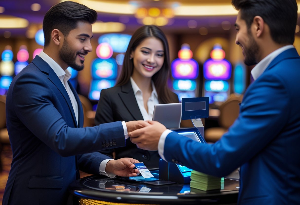 A man and woman at a casino cashier counter exchanging money with a cashier inside a casino.