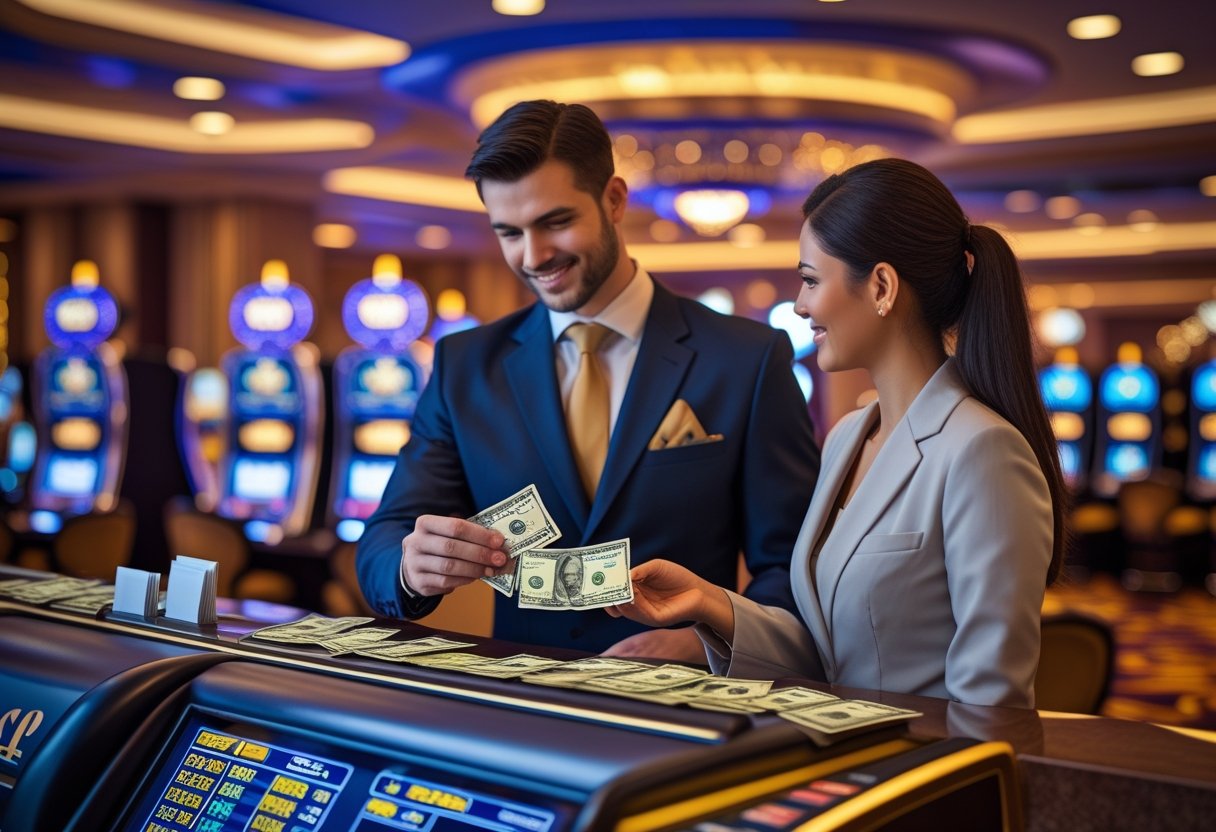 A man receives cash from a casino cashier while a woman watches, with slot machines visible in the background.