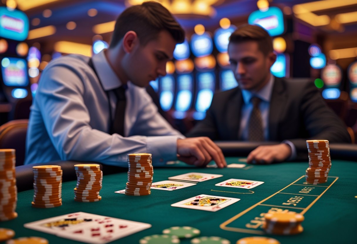 A close-up of a blackjack table with playing cards and chips, showing a player concentrating and a dealer in the background in a casino.