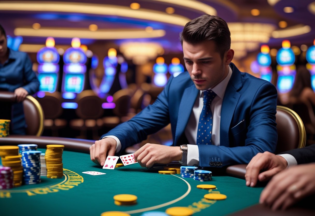 A man secretly sliding a hidden card from his sleeve at a poker table in a busy casino.