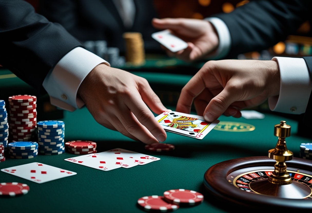 Close-up of hands at a casino table, one hand secretly hiding cards while the other places chips, with casino elements in the background.