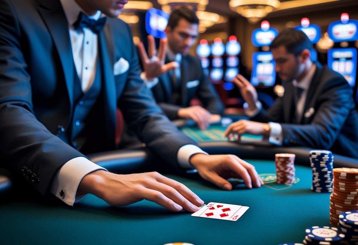 A close-up of a player secretly palming cards at a poker table with others signaling and using hidden devices in a casino.