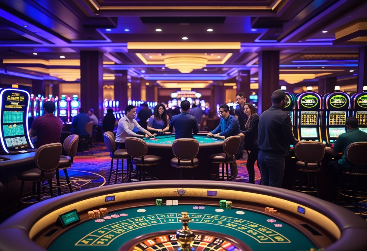 People playing various casino games in a lively casino interior with colorful lights and gaming tables.