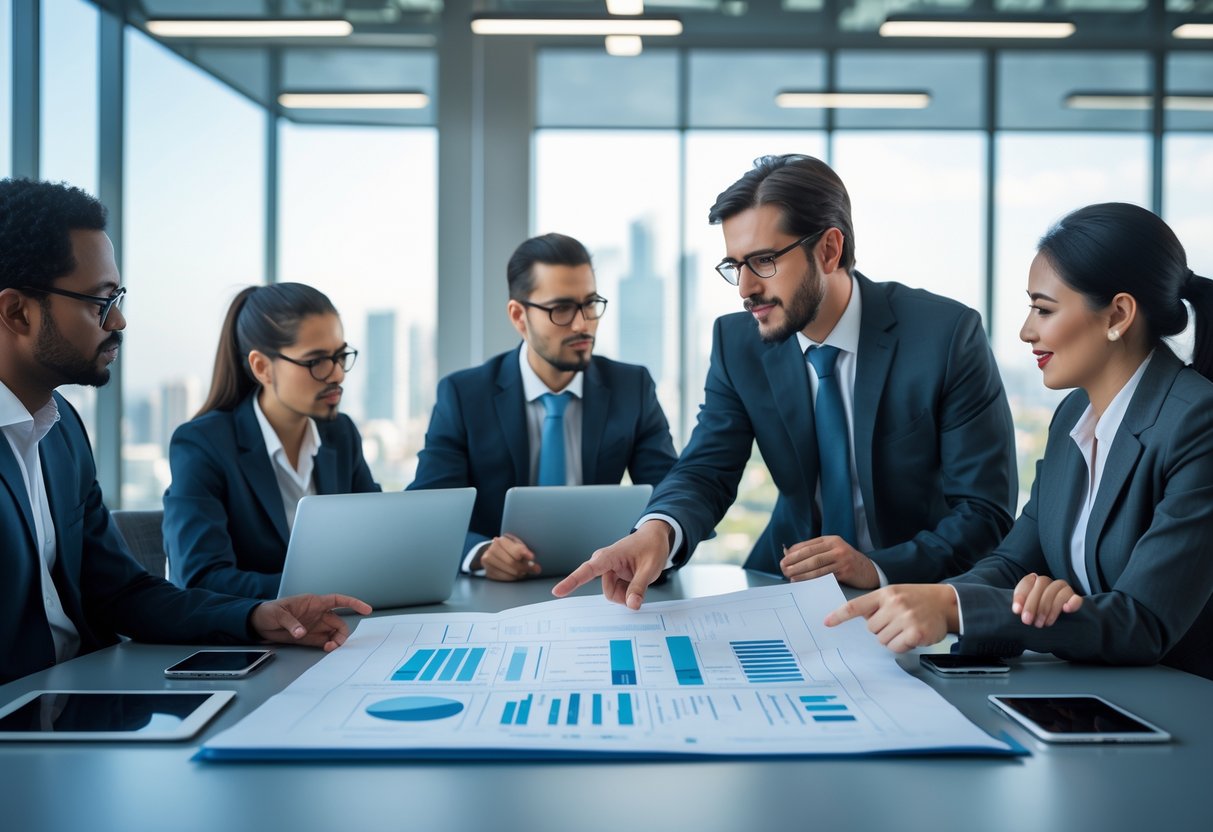 Des professionnels en réunion autour d'une table examinant des documents dans un bureau lumineux avec vue sur la ville.