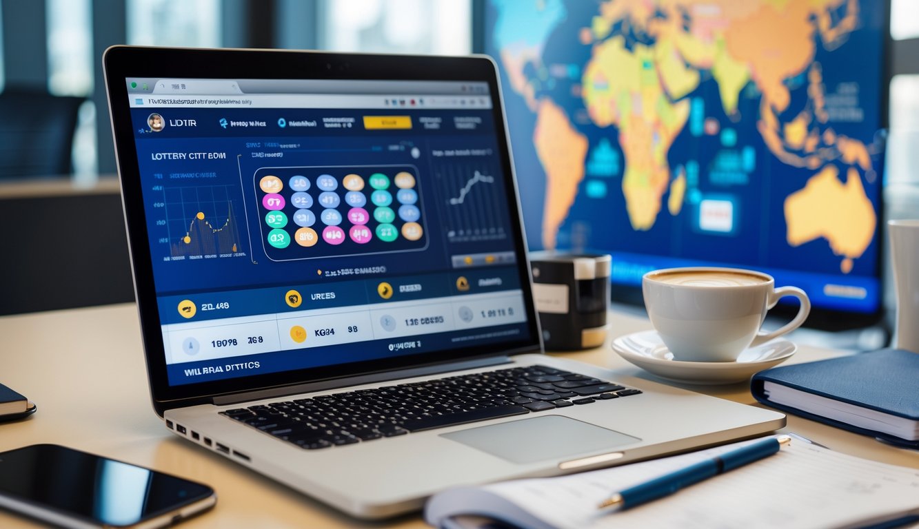 Sebuah ruang kantor modern dengan laptop yang menampilkan antarmuka lotere digital dan beberapa alat kerja di sekitarnya.