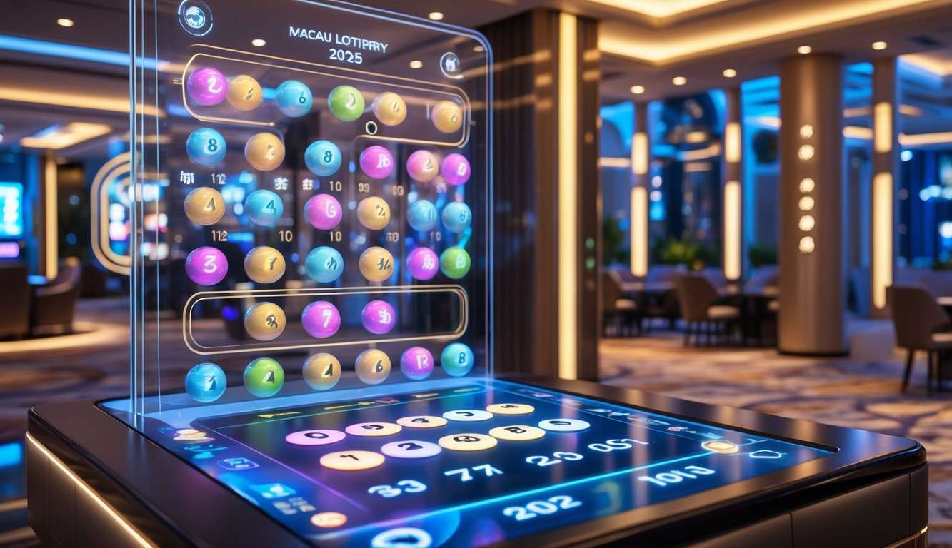 Suasana modern di dalam kasino dengan layar sentuh digital menampilkan bola lotere berwarna-warni dan latar belakang arsitektur khas Macau.