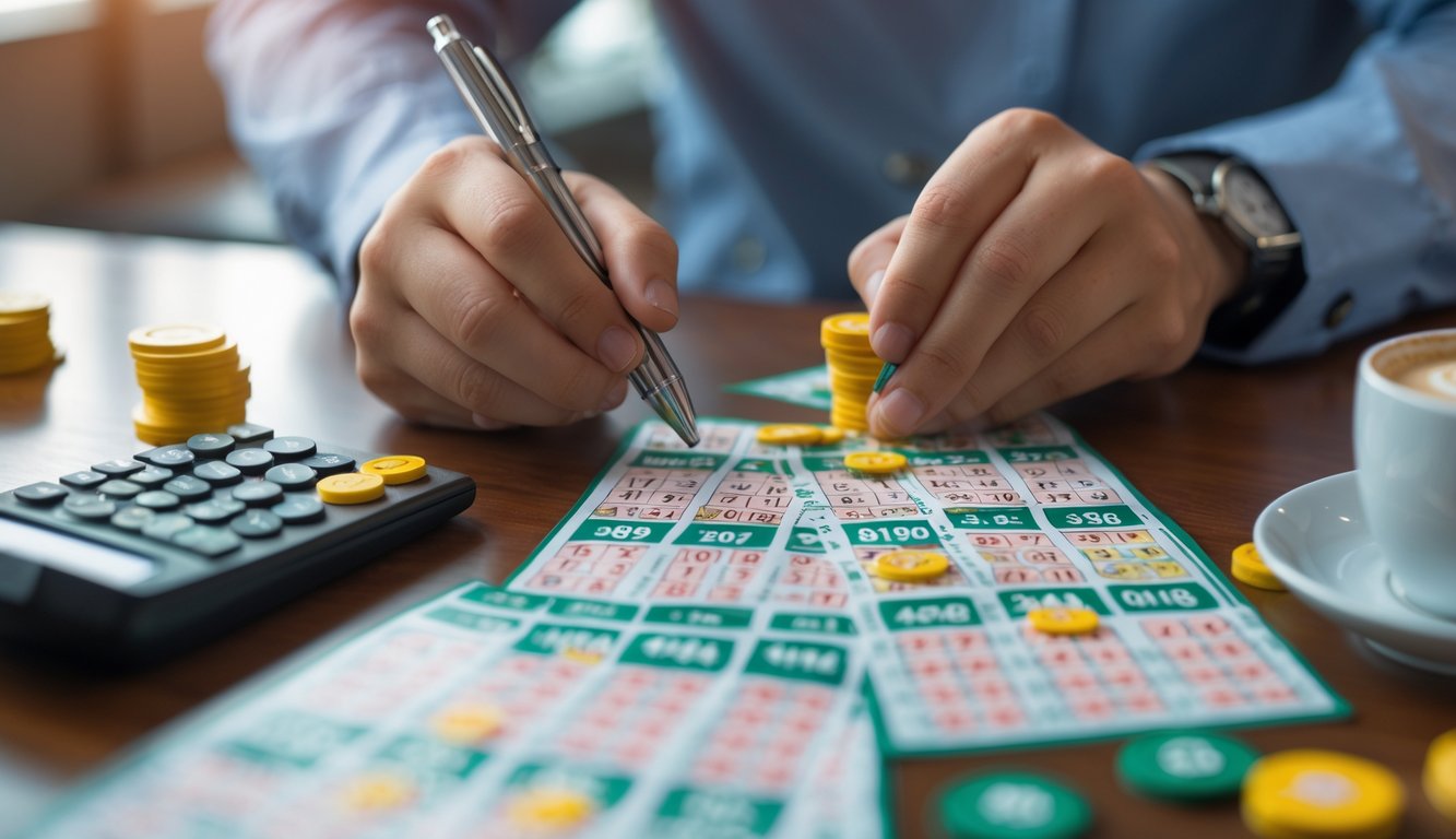 Tangan seseorang sedang menandai tiket togel di atas meja dengan chip dan kalkulator di sekitar.