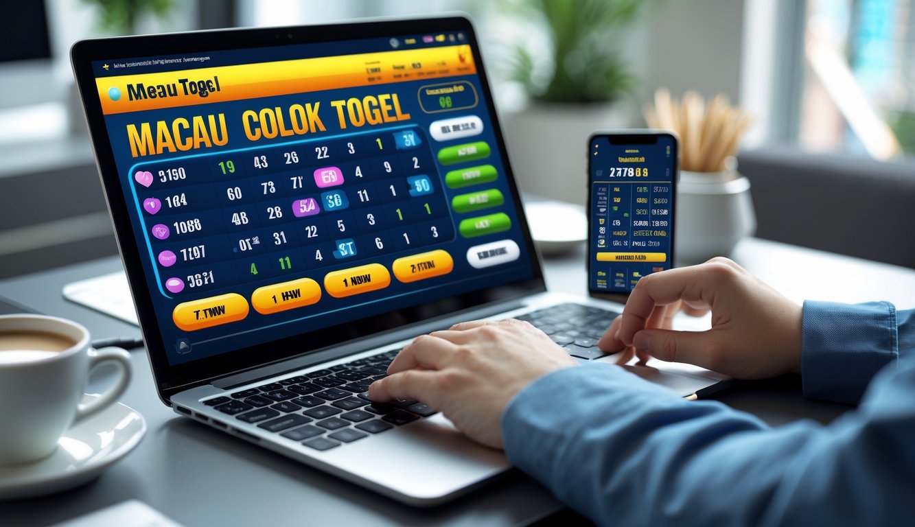 Seorang pria menggunakan laptop di meja kerja dengan tampilan antarmuka taruhan togel Macau yang hidup di layar, di sekitar meja terdapat kopi dan ponsel.
