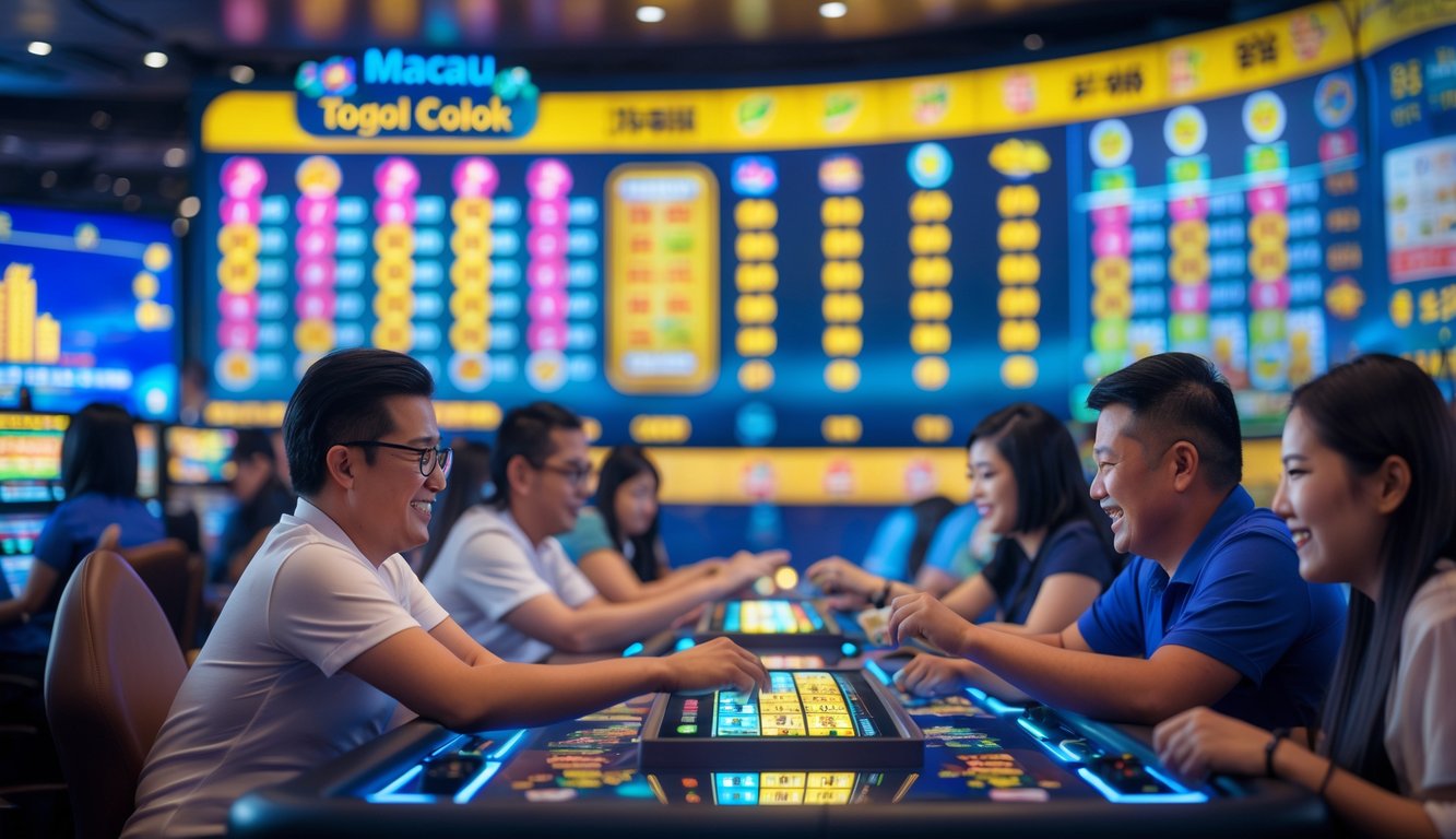 Orang-orang bermain permainan lotere Togel Colok di lingkungan yang modern dan cerah dengan latar belakang angka dan grafik warna-warni.